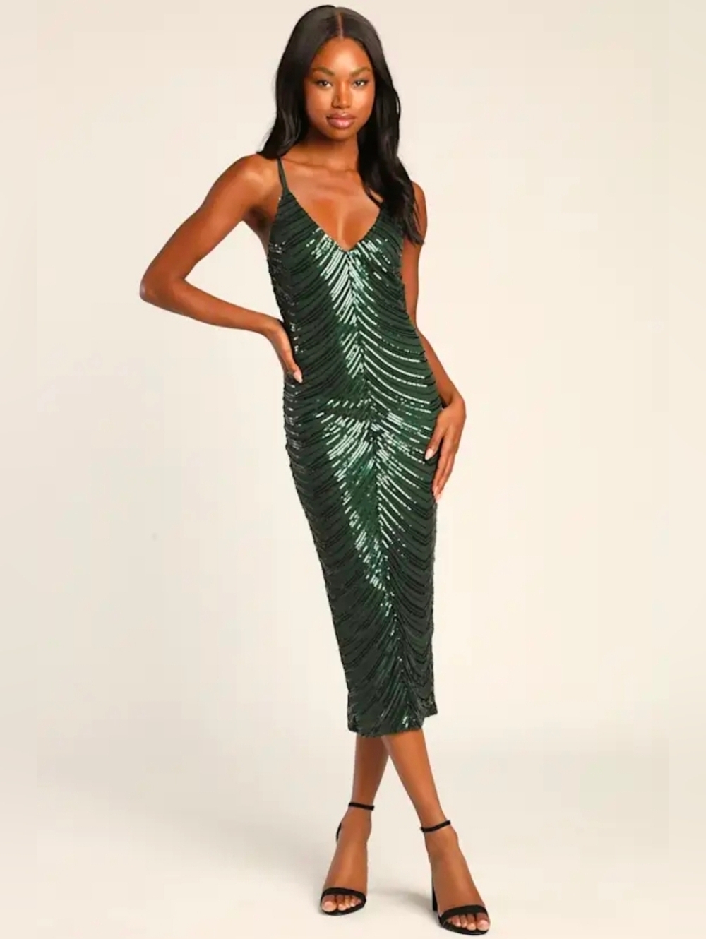 Lulus Like a Movie Star Hunter Green Sequin Bodycon Midi Dress XS